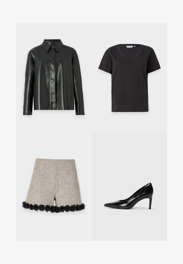 Črna usnjena jakna s ovratnikom, sprednjim zapiranjem na gumb in dvema stranskima žepoma. Gladko teksturo z minimalnimi šivi.; Črna bombažna majica s kratkimi rokavi in V-izrezom. Preprost dizajn z običajnim krojem in brez vzorcev ali dodatkov.; Bež kratke hlače iz tweeda s teksturiranim vzorcem, ki imajo črno cvjetno obrobo na robu. Oblika je splošno krojena.; Črna usnjena črna čevlja na visokem petu z zašiljenim prstom, gladko teksturo in zoženim peto. Minimalističen dizajn, brez dodatnih okraskov.
