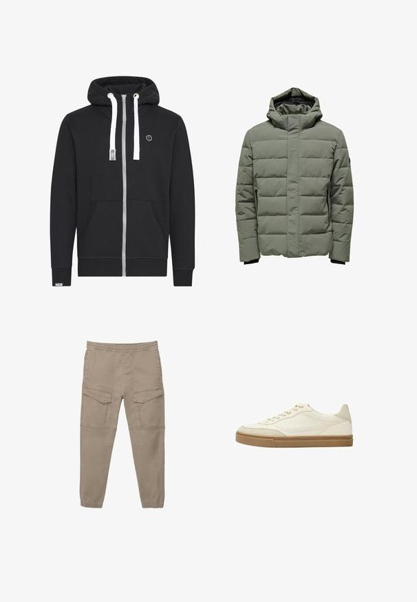 Giacca a vento imbottita verde oliva, con cappuccio, design trapuntato, tasche laterali con zip e un esterno liscio con una fodera morbida.; Felpa nera con zip realizzata in misto cotone. Presenta una zip argento, lacci bianchi, tasche frontali e una toppa con logo sul petto.; Pantaloni cargo beige in misto cotone, con vita elasticizzata, due tasche frontali e polsini affusolati. Texture liscia con dettagli cuciti.; Sneaker bassa in pelle bianca con accenti beige e suola in gomma testurizzata. Caratterizzata da cuciture tonali e un design a punta rotonda.