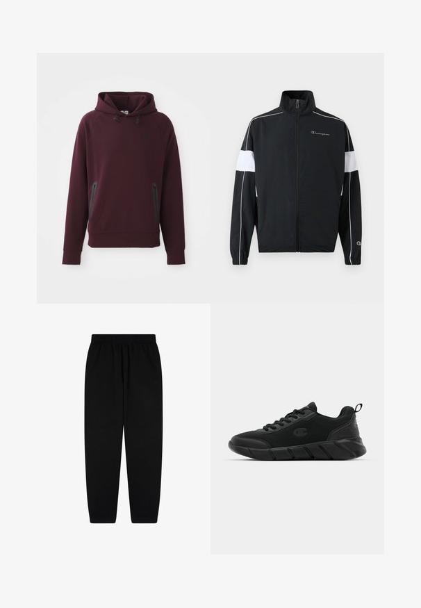 Czarny sportowy żakiet z białymi bocznymi panelami, zamek błyskawiczny, wysoki kołnierz, elastyczne mankiety i logo Champion na piersi. Lekki materiał.; Bordeaux bluza z kapturem wykonana z miękkiego materiału, z kieszenią kangurzą i bocznymi zamkami oraz czarnymi akcentami. Prążkowane mankiety i dół.; Czarne dresy wykonane z miękkiego materiału, z elastycznym paskiem w talii i zwężanymi mankietami. Minimalistyczny design bez widocznych wzorów lub akcentów.; Czarne sportowe sneakersy z siateczkową cholewką, wzmocnionym noskiem, teksturowaną podeszwą środkową i tylną pętelką ułatwiającą zakładanie. Logo wyeksponowane z boku.