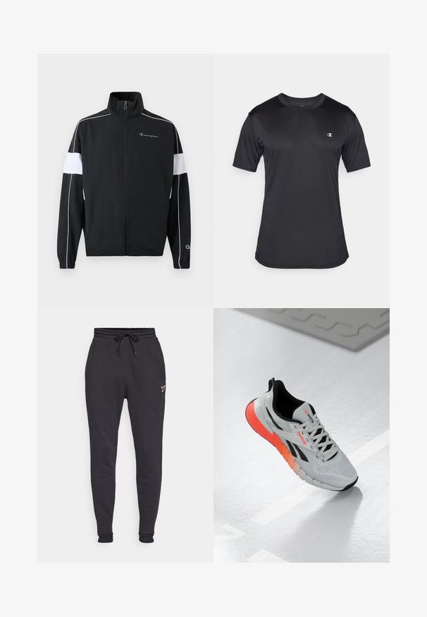 Fekete sportdzseki fehér oldalsávokkal, cipzárral, magas gallérral, elasztikus mandzsettákkal és Champion logóval a mellkasán. Könnyű anyag.; Fekete, rövid ujjú sportpóló, texturált, légáteresztő anyagból készült; kerek nyakkivágással és logóval a bal mellrészen.; Fekete tréningnadrág, zsinórral ellátott derékkal, rugalmas mandzsettákkal és egy kis logóval a bal combon. Puha tapintás, karcsúsított fazon.; Fehér sportcipő hálós felsőrésszel, fekete akcentusokkal és egy narancsról rózsaszínre gradáló talppal. Fűzős kivitelezés és kerek orr jellemzi.
