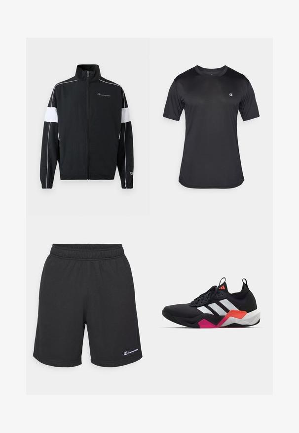 Fekete sportdzseki fehér oldalsávokkal, cipzárral, magas gallérral, elasztikus mandzsettákkal és Champion logóval a mellkasán. Könnyű anyag.; Fekete, rövid ujjú sportpóló, texturált, légáteresztő anyagból készült; kerek nyakkivágással és logóval a bal mellrészen.; Fekete, könnyű anyagból készült rövidnadrág, rugalmas derékkal és egy kis hímzett logóval az alsó bal oldalon.; Fekete sportcipő fehér csíkokkal, texturált felső résszel és tömzsi talppal, narancssárga, rózsaszín és fehér díszítéssel. Fűzős kivitel, húzófüllel.