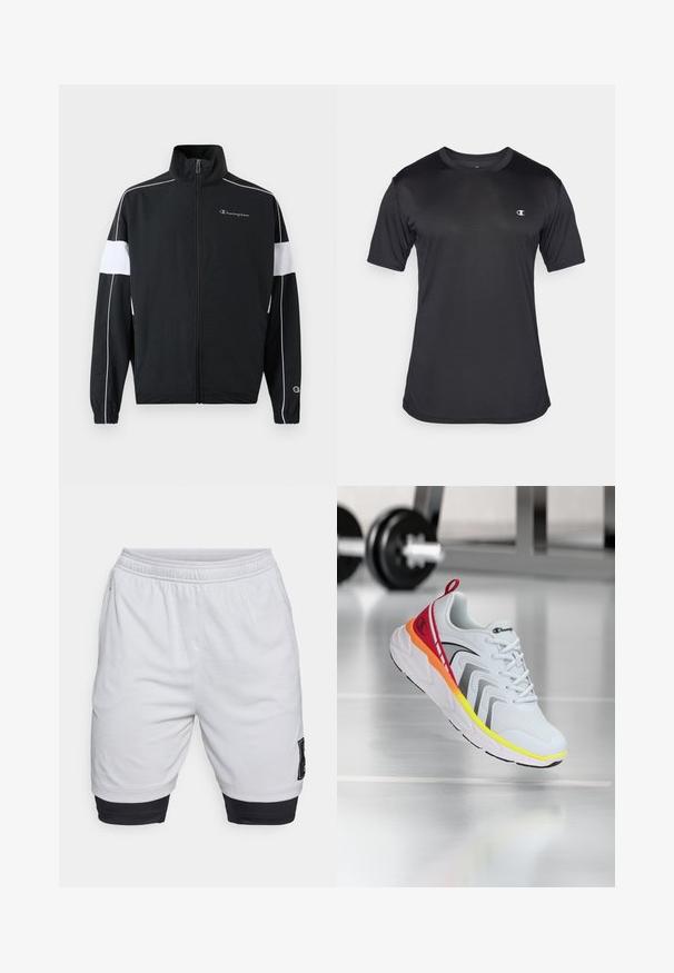 Must have valge külgpaneelidega must spordijakk, lukuga kinnitamine, kõrge krae, elastsed mansetid ja Championi logo rinnal. Kerge materjal.; Must be vestikad mustad lühikeste varrukatega spordipüüks, valmistatud tekstuuritud ja hingavast kangast; sellel on ümmargune kaelus ja logo vasakul rinnal.; Valged sportlikud lühikesed püksid elastse vöökoha ja musta äärisega, küljes logoga põll. Valmistatud kergetest kangast.; Valge spordijalats, millel on võrgutöötlusega ülemine osa, mitmevärvilised aktsendid punases, oranžis ja kollases, tekstureeritud talla ja mustade detailidega.