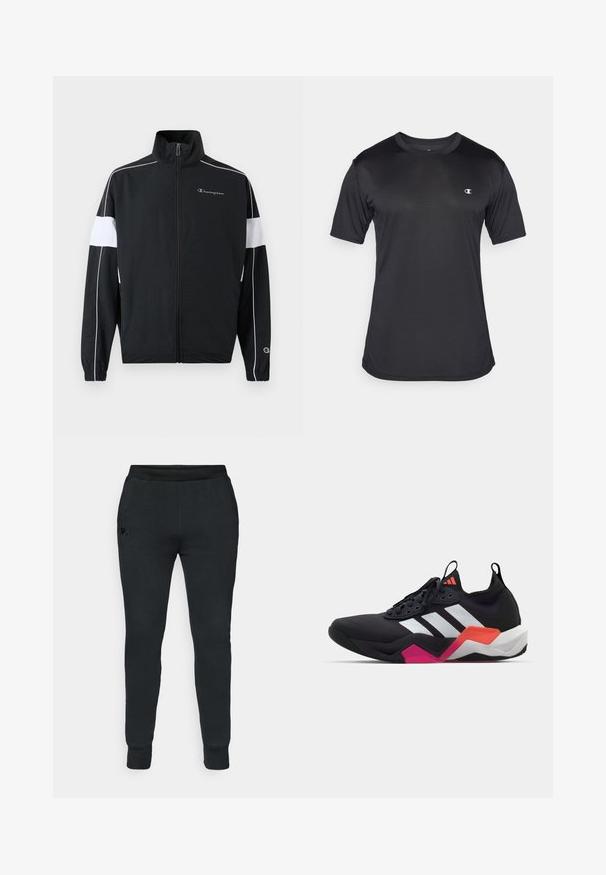 Casaco desportivo preto com painéis laterais brancos, fecho de zip, colarinho alto, punhos elásticos e logo Champion no peito. Material leve.; Camisola atlética preta de mangas curtas, feita de um tecido texturizado e respirável; apresenta uma gola redonda e um logótipo no lado esquerdo do peito.; Calças de fato pretas com um design afunilado, cintura elástica, punhos em canelado e um pequeno logótipo na parte frontal do quadril. Texto de tecido macio.; Sapatilha atlética preta com riscas brancas, parte superior texturizada e sola robusta com detalhes em laranja, rosa e branco. Design com atacadores e alça de puxar.