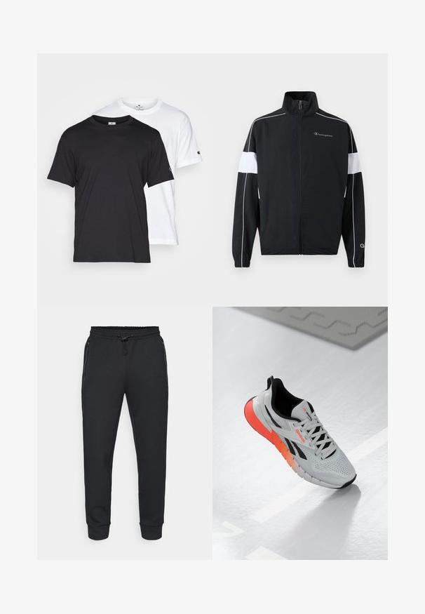Melns sporta žakets ar baltām sānu uzlīmēm, ar rāvējslēdzēju, augstu apkakli, elastīgiem piedurknēm un Champion logotipu uz krūtīm. Viegls materiāls.; Champion CREWNECK TEE 2 PACK - Pamata T-krekls - white/black; Melni sporta bikses ar auklu elastīgu jostasvietu, sānu rāvējslēdzēja kabatām un ribota piedurkne. Izgatavotas no mīksta, teksturēta auduma.; Baltie sporta kurpes ar sietu augšdaļu, melniem akcentiem un gradienta oranžu līdz rozā zoli. Iezīmējas ar šņorējamu dizainu un noapaļotu purngalu.