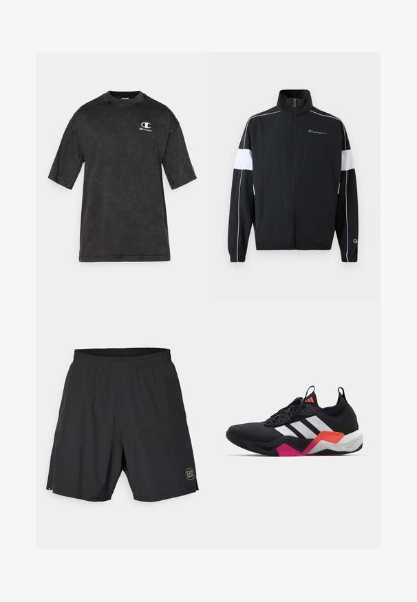 Giacca sportiva nera con pannelli laterali bianchi, chiusura con zip, colletto alto, polsini elastici e logo Champion sul petto. Materiale leggero.; T-shirt in cotone nero con maniche corte, collo rotondo, texture consumata e logo ricamato sul lato sinistro in alto.; Pantaloni sportivi neri realizzati in tessuto leggero, con cintura elastica e un logo circolare dorato sul lato inferiore destro.; Sneaker nera da atletica con strisce bianche, tomaia testurizzata e suola spessa con dettagli arancioni, rosa e bianchi. Design con lacci e maniglia per il pull.