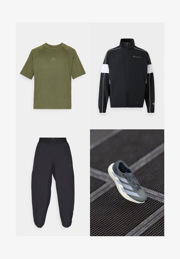 Jacheta sport neagră cu panouri laterale albe, închidere cu fermoar, guler înalt, manșete elastice și logo-ul Champion pe piept. Material ușor.; Tricou scurt, de culoare verde măsliniu, confecționat din bumbac, cu guler rotund și un mic logo gri situat la mijlocul pieptului. Textură netedă.; Pantaloni atletici negri cu talie elastică, buzunare laterale cu fermoar, picioare tapered și un logo subtil pe coapsa dreaptă.; Pantof sport gri și alb, realizat din material sintetic, cu un design aerodinamic, finisaj texturat și un sistem de șireturi proeminent.