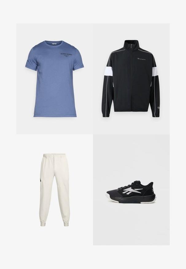 Black sports jacket with white side panels, zip closure, high collar, elastic cuffs, and Champion logo on the chest. Lightweight material.; Blue short-sleeve T-shirt made of soft fabric. Features a crew neck and a black printed logo on the left chest area. Simple design.; Light beige jogger pants with an elastic waistband, side pockets, and ribbed cuffs; feature a black logo accent on the left hip.; Black athletic shoe featuring a mesh upper, reinforced toe cap, white logo detail, and textured sole. Suitable for various sports activities.