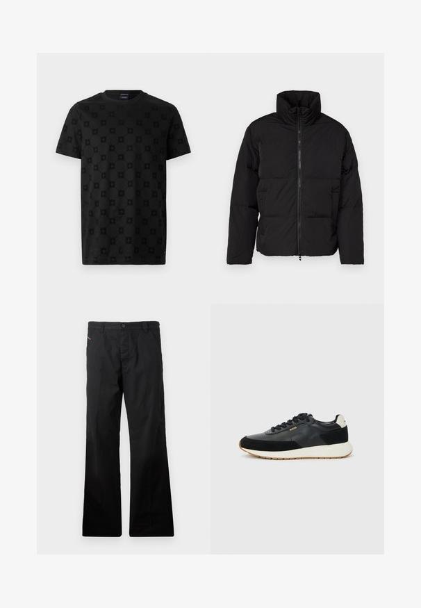 Jachetă puffer neagră cu guler înalt, închidere cu fermoar și model matlasat orizontal. Fabricată din material ușor și rezistent la apă.; Tricou negru cu un model texturat de cercuri și forme florale, cu mâneci scurte și guler rotund. Fabricat din material de bumbac moale.; Pantaloni negri din bumbac, cu croi drept și închidere cu nasture. Au buzunare laterale și un design minimalist, fără modele sau accente vizibile.; Sneaker negru cu un amestec de piele texturată și velur, cu o talpă intermediară albă și o talpă exterioară din cauciuc de culoare caramel. Sireturi în nuanța neagră corespunzătoare.