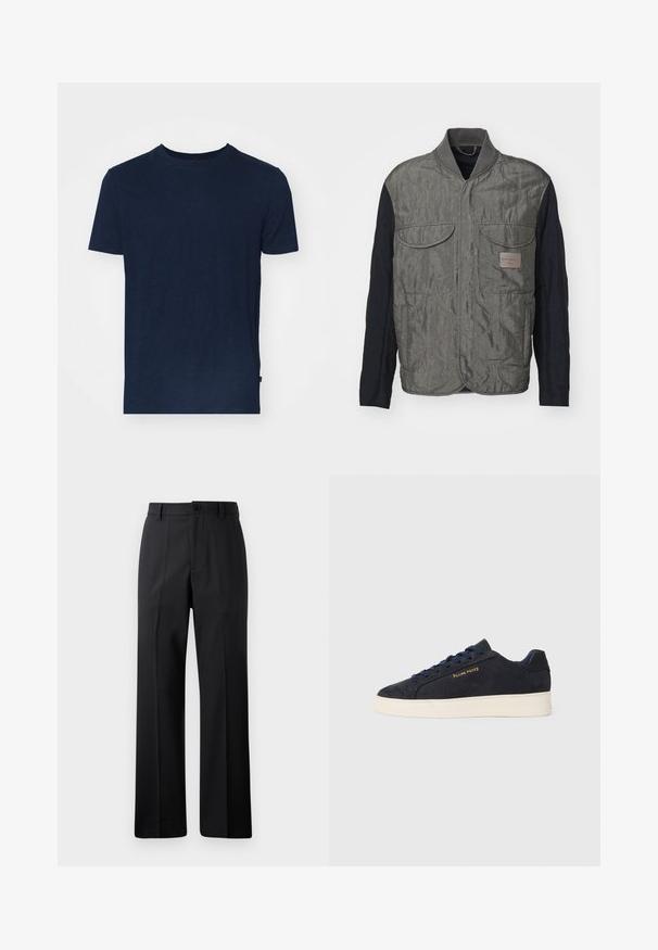 Quilted gray vest with black sleeves, two chest pockets, ribbed collar, and a logo tag on the left side. Smooth, textured fabric.; Navy blue t-shirt made of soft fabric, featuring a round neckline and short sleeves, with a relaxed fit and no visible patterns or accents.; Black straight-leg trousers with belt loops, front button, and zipper closure, displayed against a plain white background.; Navy blue suede low-top sneaker with white sole, navy laces, and "Filling Pieces" logo in gold on the side.