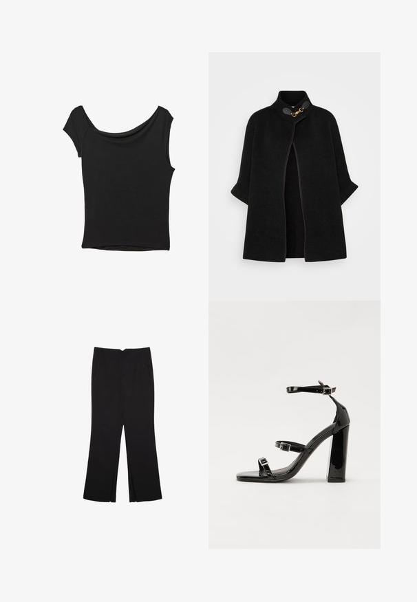 VILA VICEMRE - Cape - black; Schwarzes Kurzarmoberteil aus glattem Stoff; hat einen drapierten Ausschnitt und einen asymmetrischen Saum, mit einem figurbetonten Körper.; Schwarze Hose mit geradem Schnitt, ausgestattet mit Fronttaschen und Seitenschlitzen am Saum. Hergestellt aus weichem, glattem Stoff. Geeignet für verschiedene Anlässe.; Schwarze patentierte Sandalen mit Absatz, quadratischer Spitze, Knöchelriemen und silbernen Schnallen. Mit einem stabilen Blockabsatz für mehr Stabilität.