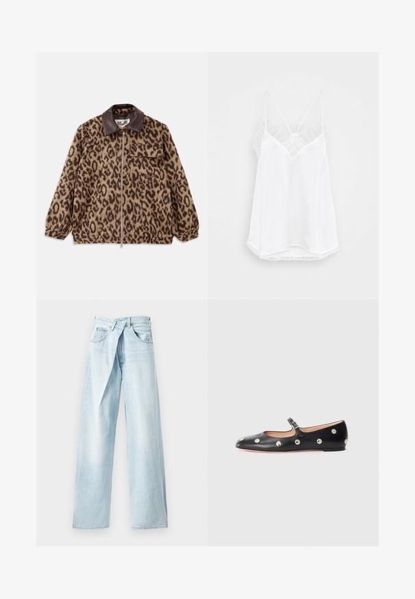 Kurtka w wzór panterki z brązowym skórzanym kołnierzem, zamkiem z przodu, elastycznymi mankietami i kieszenią na piersi. Teksturowany materiał o miękkim wyglądzie.; Biała koszulka na ramiączkach z dekoltem w serek, cienkimi ramiączkami, teksturowanymi koronkowymi akcentami na ramionach i zaokrąglonym dołem. Gładka tekstura materiału.; Jasnoniebieskie spodnie dżinsowe o szerokich nogawkach, wykonane z denimu, z unikalnym skrzyżowanym pasem i pięcioma kieszeniami. Gładka faktura i proste cięcia.; Czarne skórzane buty typu Mary Jane na płaskim obcasie z zaokrąglonym czubkiem, ozdobione srebrnymi okrągłymi ćwiekami oraz regulowanym paskiem z klamrą.
