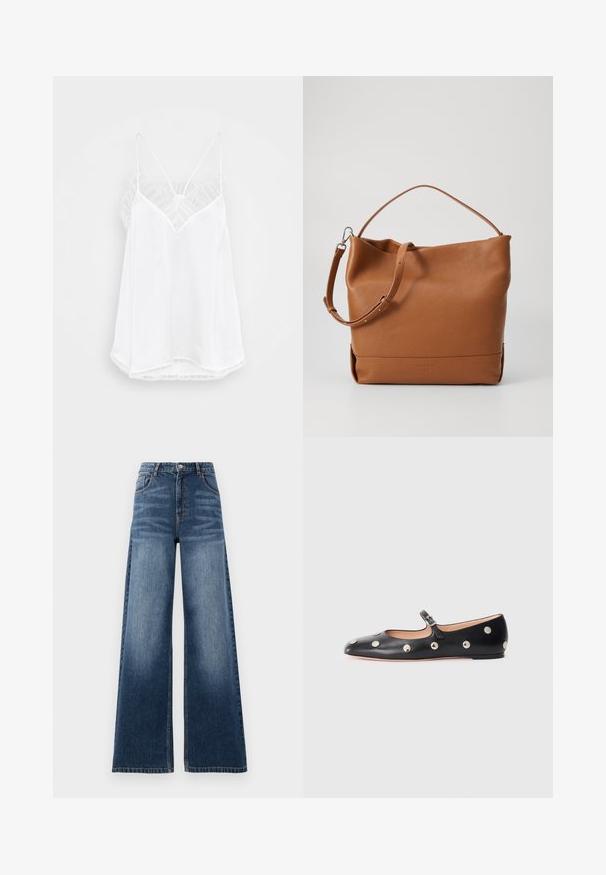Luipaardprint jack met een bruine leren kraag, voorzijde met ritssluiting, elastische manchetten en een borstzak. Textiele stof met een zachte uitstraling.; Witte cami met een V-halsontwerp, dunne bandjes, gestructureerde kantaccenten op de schouders en een gebogen zoom. Gladde stoftextuur.; Wijd gesneden denim jeans in medium blauw, met een hoge taille, vervaagd detail en een klassiek vijf-pocketdesign met gestikte accenten.; Zwarte leren Mary Jane ballerina met een ronde neus, voorzien van zilveren ronde studs en een verstelbaar bandje met een gesp.; Tan leren schoudertas met een zachte textuur, voorzien van een enkele verstelbare band en een slouchy ontwerp. Eenvoudige branding aan de voorkant.