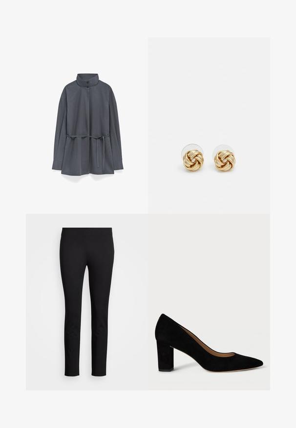 Zwarte wollen jas met een getailleerd ontwerp, reverskraag, gouden knopen, zijzakken en een geborduurd embleem op de borst.; Donkergrijze langemouwenjas met hoge kraag, twee knopen en een strikceintuur in de taille, weergegeven op een witte achtergrond.; Witte, aansluitende t-shirt met een bootuitknoping en halflange mouwen die bij de manchetten zijn opgerold, gemaakt van een gladde stof.; Zwarte leggings van rekbaar materiaal, met een slank pasontwerp en een gladde textuur zonder zichtbare patronen of accenten.; Zwarte suède hoge hak schoen met een spitse neus en een blokhak. Het ontwerp heeft een gladde textuur en een klassieke silhouet.; Gouden knoopstuds met een gedraaide design. Elke oorring heeft een ronde transparante achterkant voor een veilige draagervaring.