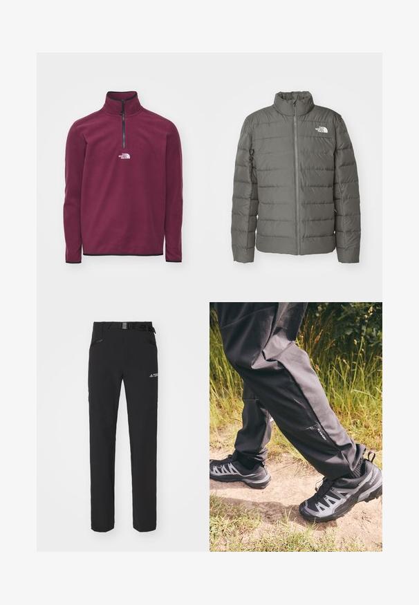 Grå pufferjacka med hög krage, horisontella quiltade sektioner, framdragkedja och en logotyp i övre vänstra hörnet.; The North Face GLACIER ¼ ZIP - EMBROIDERED LOGO - Fleecetröja - alpine plum; Svarta utomhusbyxor med slät tyg, sidofickor med dragkedja, förstärkta knäsektioner och en justerbar midja med spänne.; Svarta vattentäta byxor med avslappnad passform, som har en liten sidoficka. Matchar med robusta svarta och grå vandringsskor med ett mönster.