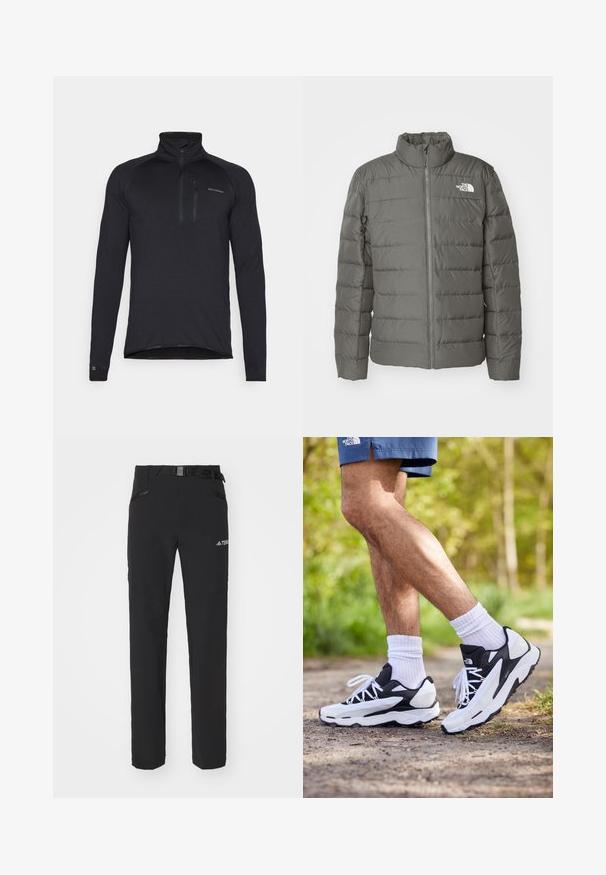 Grå pufferjacka med hög krage, horisontella quiltade sektioner, framdragkedja och en logotyp i övre vänstra hörnet.; Svart långärmad topp med kvartslång dragkedja i texturerat tyg, med hög krage och en liten logotyp på bröstet.; Svarta utomhusbyxor med slät tyg, sidofickor med dragkedja, förstärkta knäsektioner och en justerbar midja med spänne.; Svartvita träningsskor med mesh-överkappa, texturerade detaljer och vita snören. Bärs med vita ankelsockar och marinblå shorts på en stig.