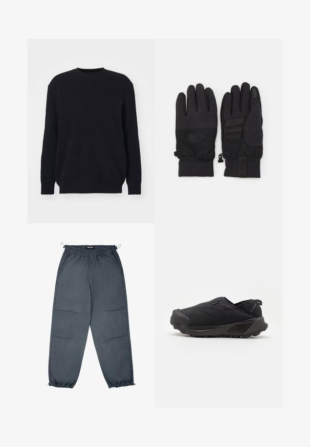 Harmaa puffatakki korkealla kauluksella, vaakasuorilla tikatuilla osioilla, edessä vetoketju ja logo vasemmassa yläkulmassa.; Mustan ribattun neuleen pitkät hihat ja pyöreä pääntie. Valmistettu pehmeästä neulekankaasta, rento istuvuus ilman näkyviä metalliosia.; Harmaat lenkkihousut, joissa on elastinen vyötärö, sivutaskut ja elastiset hihnat, jotka tarjoavat sileän pinnan ja suoran leikkauksen.; Musta liukusukkakengät, joissa on teksturoitu pinta, kestävä kumipohja ja pyöristetty varvastyyny. Yksinkertainen brändäyskoriste sivussa.; Mustat käsineet, joissa on teksturoitu neulos ja sileä pinta. Niissä on logo, pitoakuntemerkit kämmenessä ja elastiset rannetukit turvallisen istuvuuden takaamiseksi.