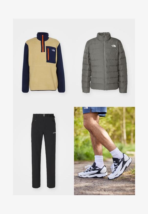 Szara puchowa kurtka z wysokim kołnierzem, poziomymi przeszyciami, zamek błyskawiczny z przodu oraz logo w lewym górnym rogu.; The North Face YUMIORI beżowy; The North Face - Bluzka z długim rękawem; Czarne spodnie na zewnątrz z gładkiego materiału, boczne kieszenie na zamek, wzmocnione partie na kolanach oraz regulowany pas z klamrą.; Czarno-białe buty sportowe z siateczkową cholewką, teksturowanymi akcentami i białymi sznurówkami. Noszone z białymi skarpetkami do kostek i granatowymi szortami na ścieżce.