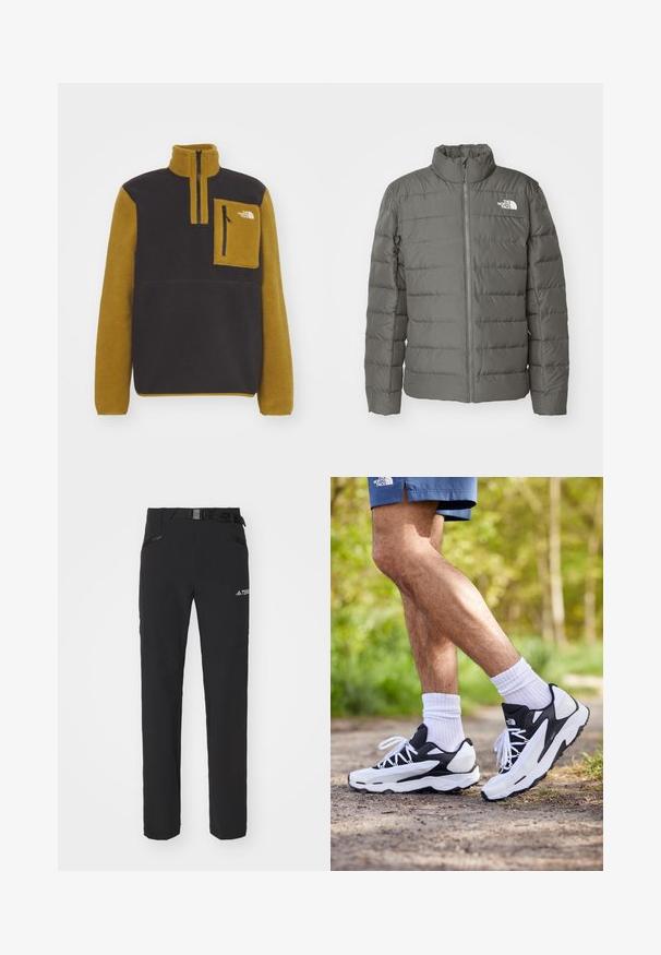 Grå pufferjacka med hög krage, horisontella quiltade sektioner, framdragkedja och en logotyp i övre vänstra hörnet.; The North Face M YUMIORI 1/4 ZIP - Fleecetröja - black/moss green; The North Face M L/S SIMPLE DOME TEE - Långärmad tröja - medium grey heather; Svarta utomhusbyxor med slät tyg, sidofickor med dragkedja, förstärkta knäsektioner och en justerbar midja med spänne.; Svartvita träningsskor med mesh-överkappa, texturerade detaljer och vita snören. Bärs med vita ankelsockar och marinblå shorts på en stig.