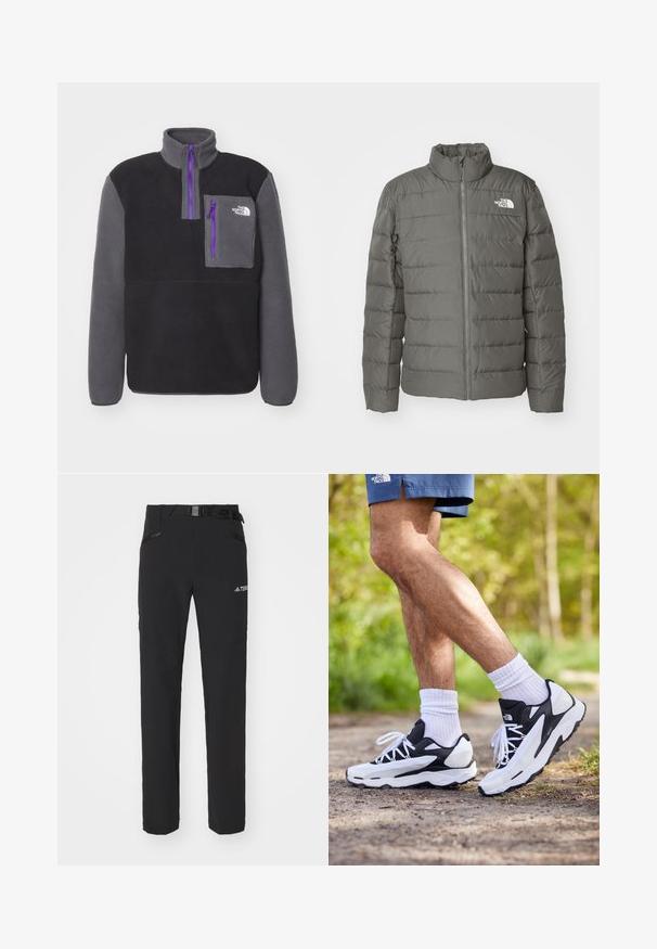 Grå pufferjakke med højkald, vandret quiltede sektioner, lynlås foran og et logo i øverste venstre hjørne.; The North Face YUMIORI 1/4 ZIP - Fleecetrøjer - black/anthracite grey; The North Face M L/S SIMPLE DOME TEE - Langærmet T-shirt - medium grey heather; Sorte udendørsbukser med glat stof, sidelommer med lynlås, forstærkede knæsektioner og en justerbar talje med spænde.; Sorte og hvide sportsko med mesh-overdel, teksturerede accenter og hvide snørebånd. Båret med hvide ankelstrømper og marineblå shorts på en sti.