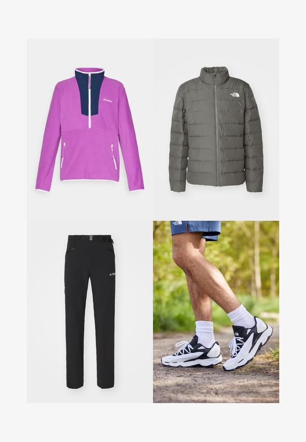 Graue Pufferjacke mit hohem Kragen, horizontal genähten Bereichen, einem Reißverschluss vorne und einem Logo in der oberen linken Ecke.; Lila Fleece-Pullover mit einem marineblauen Viertelreißverschluss-Kragen, weißen Reißverschlussdetails und einer Vordertasche mit Reißverschluss.; Schwarze Outdoor-Hosen aus glattem Stoff, mit seitlichen Reißverschlusstaschen, verstärkten Kniepartien und einem verstellbaren Bund mit Schnalle.; Schwarz-weiße Sportschuhe mit einem Obermaterial aus Mesh, strukturierten Akzenten und weißen Schnürsenkeln. getragen mit weißen Knöchelsocken und dunkelblauen Shorts auf einem Weg.