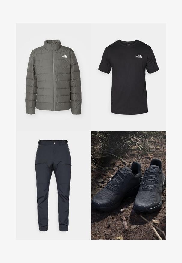 Γκρι μπουφάν με ψηλό γιακά, οριζόντια καπιτονέ τμήματα, μπροστά φερμουάρ και λογότυπο στην επάνω αριστερή γωνία.; Μαύρη κοντομάνικη μπλούζα φτιαγμένη από βαμβάκι, με στρογγυλή λαιμόκοψη και μικρό λευκό λογότυπο στην άνω αριστερή περιοχή του στήθους.; Houdini MORE PANTS - Παντελόνι εξωτερικού χώρου - true black; Μαύρα αθλητικά παπούτσια με υφή πλεκτό άνω μέρος, ενισχυμένη μύτη και αφρώδη σόλα, τοποθετημένα σε γήινο έδαφος με διασκορπισμένα κλαδάκια.