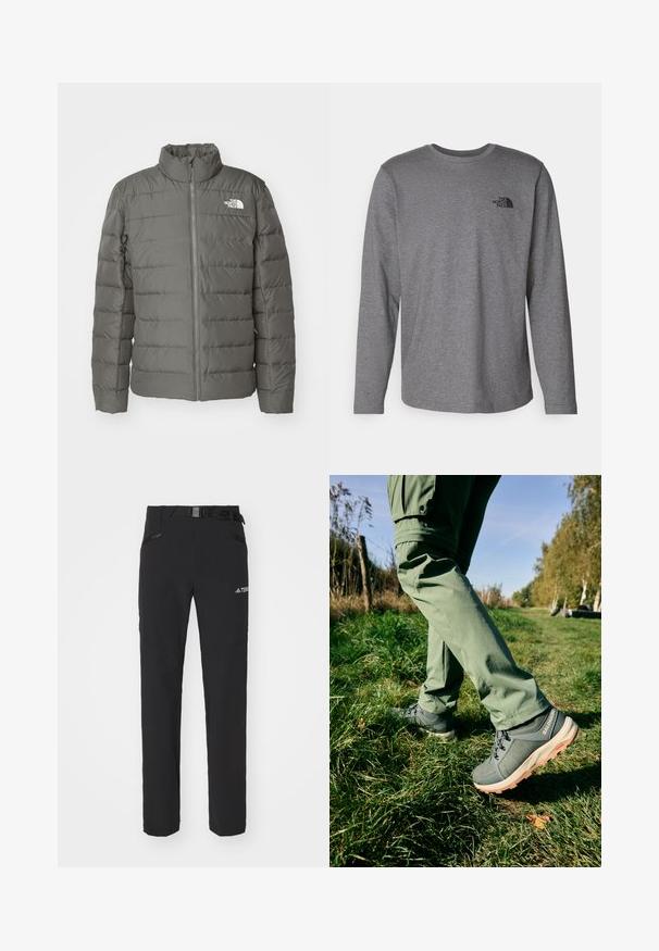 Gray puffer jacket with a high collar, horizontal quilted sections, front zipper, and a logo in the upper left corner.; The North Face M L/S SIMPLE DOME TEE - Long sleeved top - medium grey heather; Black outdoor pants with a smooth fabric, side zip pockets, reinforced knee sections, and an adjustable waistband featuring a buckle.; Salomon OUTCHILL TS CSWP - Winter boots - urban chic/almond milk/phantom