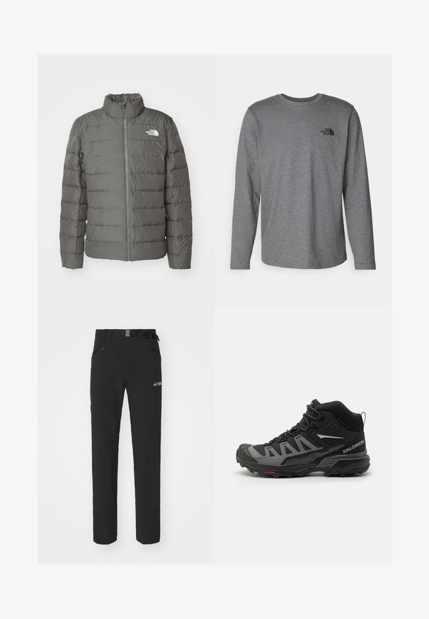 Harmaa puffatakki korkealla kauluksella, vaakasuorilla tikatuilla osioilla, edessä vetoketju ja logo vasemmassa yläkulmassa.; The North Face M L/S SIMPLE DOME TEE - Pitkähihainen paita - medium grey heather; Mustat ulkoiluhousut, joissa on sileä kangas, sivuilla vetoketjulliset taskut, vahvistetut polviosat ja säädettävä vyötärö, jossa on solki.; Musta ja harmaa puolivartinen vaelluskenkä, jossa on teksturoitu päällinen, vahvistettu varvaskuppi, nauhoitusjärjestelmä ja karkeapohjainen pohja, joka on suunniteltu pitoa varten.