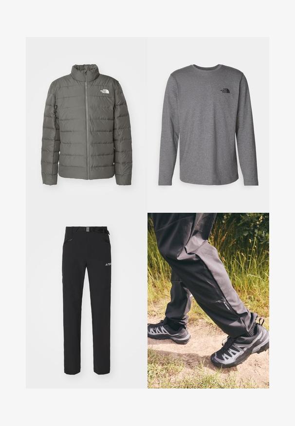 Giacca trapuntata grigia con colletto alto, sezioni orizzontali trapuntate, zip frontale e un logo nell'angolo superiore sinistro.; The North Face M L/S SIMPLE DOME TEE - Maglietta a manica lunga - medium grey heather; Pantaloni outdoor neri con tessuto liscio, tasche laterali con zip, sezioni delle ginocchia rinforzate e una cintura regolabile con fibbia.; Pantaloni impermeabili neri con una vestibilità rilassata, dotati di una piccola tasca laterale. Abbinati a scarpe da trekking robuste nere e grigie con un motivo.