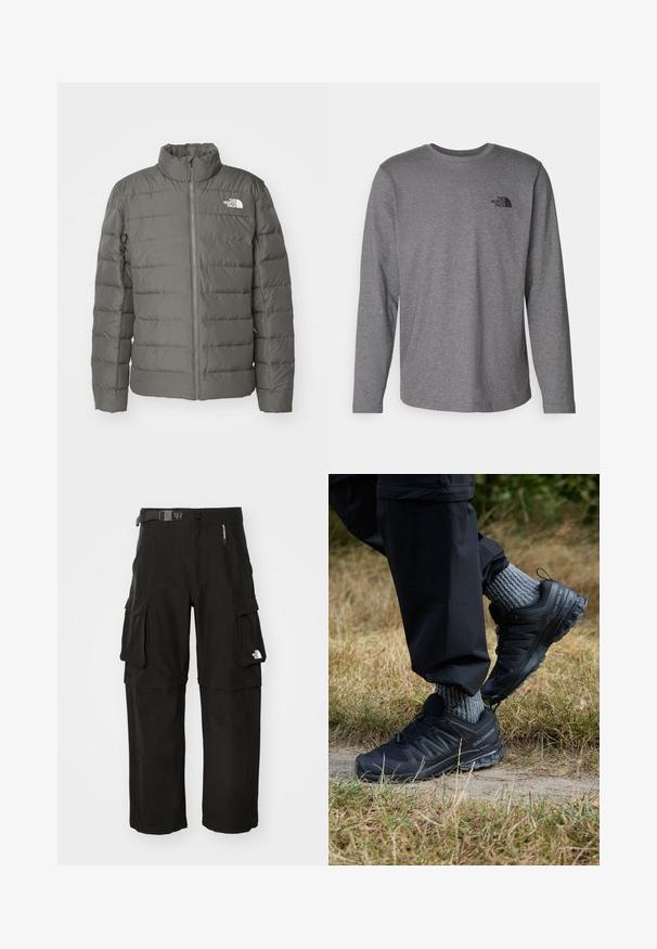 Szara puchowa kurtka z wysokim kołnierzem, poziomymi przeszyciami, zamek błyskawiczny z przodu oraz logo w lewym górnym rogu.; The North Face - Bluzka z długim rękawem; Czarne spodnie cargo wykonane z trwałego materiału, z wieloma kieszeniami, paskiem i logo na dolnej części nogawki. Prosty krój z gładką teksturą.; Czarne sportowe buty z teksturowaną siateczką, gumową podeszwą i wyraźnym systemem sznurowania. Połączone z szarymi skarpetami z dzianiny i czarnymi spodniami.