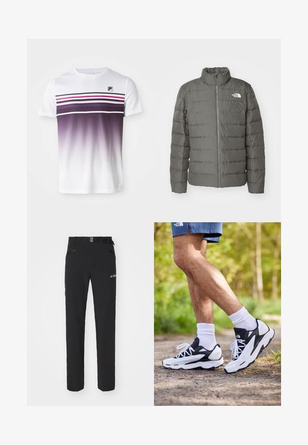 Harmaa puffatakki korkealla kauluksella, vaakasuorilla tikatuilla osioilla, edessä vetoketju ja logo vasemmassa yläkulmassa.; Valkoinen lyhythihainen t-paita, jossa on vaakasuoria purppuran ja vaaleanpunaisen värisiä raitoja, ja gradiantti tehoste tummasta purppurasta valkoiseen. F-logo vasemmassa yläkulmassa.; Mustat ulkoiluhousut, joissa on sileä kangas, sivuilla vetoketjulliset taskut, vahvistetut polviosat ja säädettävä vyötärö, jossa on solki.; Mustat ja valkoiset urheilukengät, joissa on verkkopinta, tekstuuriset yksityiskohdat ja valkoiset nauhat. Yhdistetty valkoisiin nilkkasukkiin ja laivaston sinisiin shortsireihin polulla.