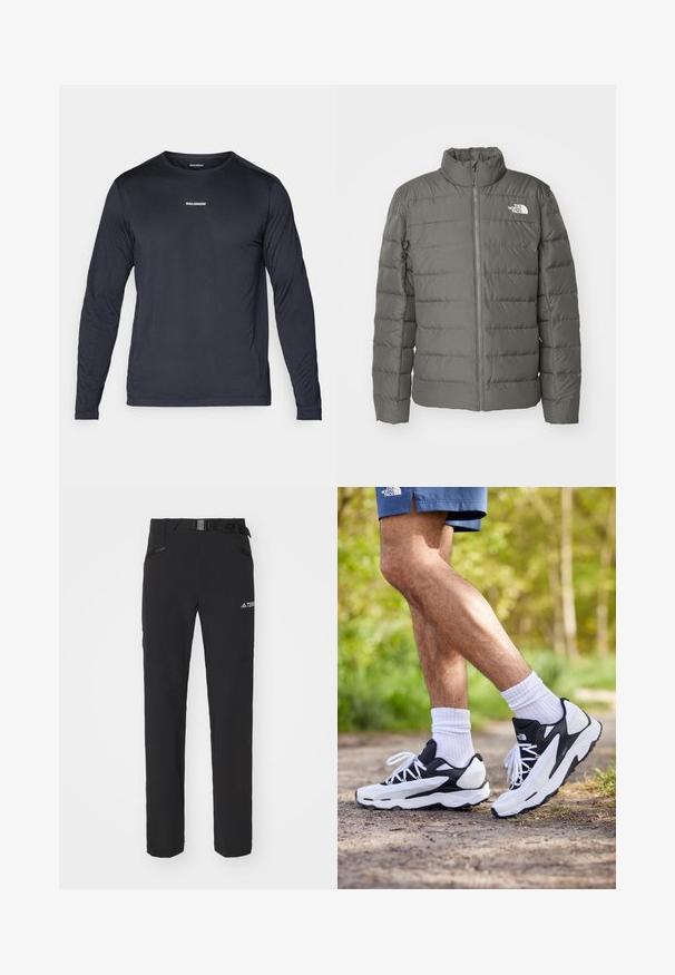 Siva pufer jakna s visokim ovratnikom, horizontalno quilted dijelovima, prednjim zatvaračem i logom u gornjem lijevom kutu.; Dugih rukava, majica za sport u tamnoplavoj boji od lagane, prozračne tkanine s teksturiranim završetkom i malim bijelim logotipom na prsima.; Crne vanjske hlače od glatkog materijala, s bočnim patentnim zatvaračima, ojačanim dijelovima koljena i podesivim pojasom s kopčom.; Crne i bijele atletske tenisice s mrežastim gornjim dijelom, teksturiranim detaljima i bijelim vezicama. Nosene s bijelim čarapama do gležnja i tamnoplavim šortsem na stazi.