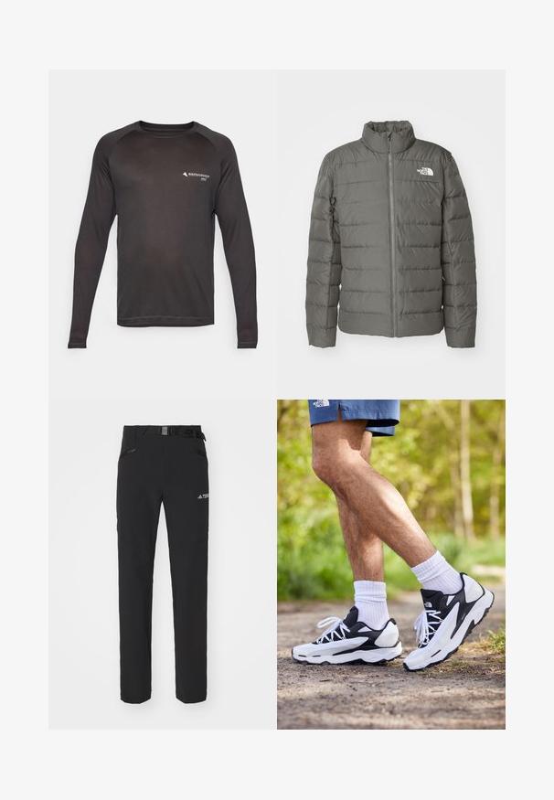 Siva pufer jakna s visokim ovratnikom, horizontalno quilted dijelovima, prednjim zatvaračem i logom u gornjem lijevom kutu.; Dugga majica s dugim rukavima u jednobojnoj crnoj boji, s okruglim izrezom i raglan rukavima. Napravljena od tkanine koja upija vlagu s detaljem logotipa.; Crne vanjske hlače od glatkog materijala, s bočnim patentnim zatvaračima, ojačanim dijelovima koljena i podesivim pojasom s kopčom.; Crne i bijele atletske tenisice s mrežastim gornjim dijelom, teksturiranim detaljima i bijelim vezicama. Nosene s bijelim čarapama do gležnja i tamnoplavim šortsem na stazi.