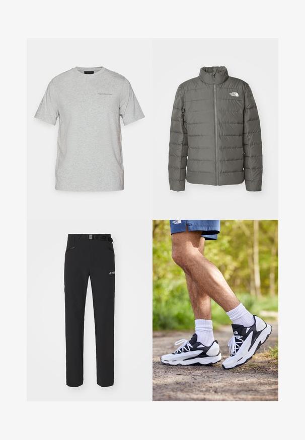 Grå pufferjakke med højkald, vandret quiltede sektioner, lynlås foran og et logo i øverste venstre hjørne.; Lys grå kortærmet t-shirt med rund hals og diskret "Peak Performance"-logo på venstre bryst.; Sorte udendørsbukser med glat stof, sidelommer med lynlås, forstærkede knæsektioner og en justerbar talje med spænde.; Sorte og hvide sportsko med mesh-overdel, teksturerede accenter og hvide snørebånd. Båret med hvide ankelstrømper og marineblå shorts på en sti.