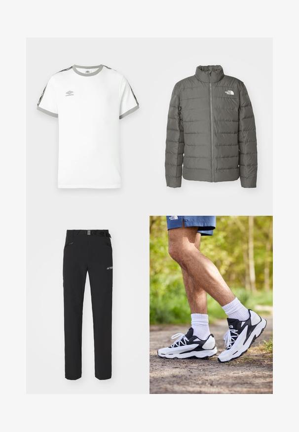 Siva pufer jakna s visokim ovratnikom, horizontalno quilted dijelovima, prednjim zatvaračem i logom u gornjem lijevom kutu.; Bijela kratka majica s kratkim rukavima sivi ovratnik i manžeti, crne i sive pruge na rukavima, te Umbro logo na prsima.; Crne vanjske hlače od glatkog materijala, s bočnim patentnim zatvaračima, ojačanim dijelovima koljena i podesivim pojasom s kopčom.; Crne i bijele atletske tenisice s mrežastim gornjim dijelom, teksturiranim detaljima i bijelim vezicama. Nosene s bijelim čarapama do gležnja i tamnoplavim šortsem na stazi.