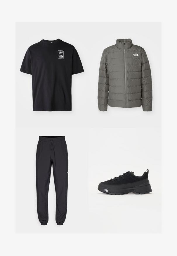 Šedá péřová bunda s vysokým límcem, horizontálně prošívanými částmi, předním zipem a logem v levém horním rohu.; Černé bavlněné tričko s krátkým rukávem a kulatým výstřihem, které má bílé grafické logo v rámečku na levé částí hrudi.; Černé sportovní kalhoty vyrobené z lehké tkaniny, s páskem na šňůrku, bočními kapsami a zúženými manžetami na kotnících.; Černé venkovní tenisky s horní částí ze semiše, texturovanou gumovou podrážkou a pevným šněrováním. Obsahují zesílenou patu a logo značky na boku.