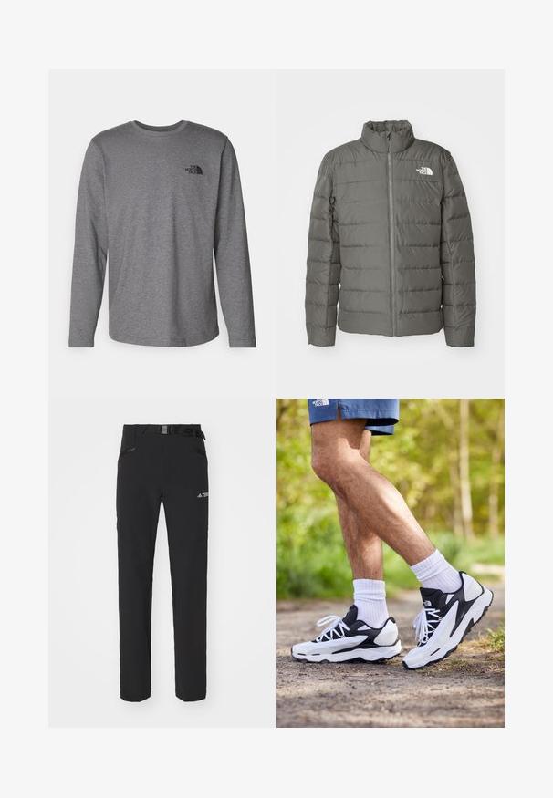 Harmaa puffatakki korkealla kauluksella, vaakasuorilla tikatuilla osioilla, edessä vetoketju ja logo vasemmassa yläkulmassa.; The North Face M L/S SIMPLE DOME TEE - Pitkähihainen paita - medium grey heather; Mustat ulkoiluhousut, joissa on sileä kangas, sivuilla vetoketjulliset taskut, vahvistetut polviosat ja säädettävä vyötärö, jossa on solki.; Mustat ja valkoiset urheilukengät, joissa on verkkopinta, tekstuuriset yksityiskohdat ja valkoiset nauhat. Yhdistetty valkoisiin nilkkasukkiin ja laivaston sinisiin shortsireihin polulla.