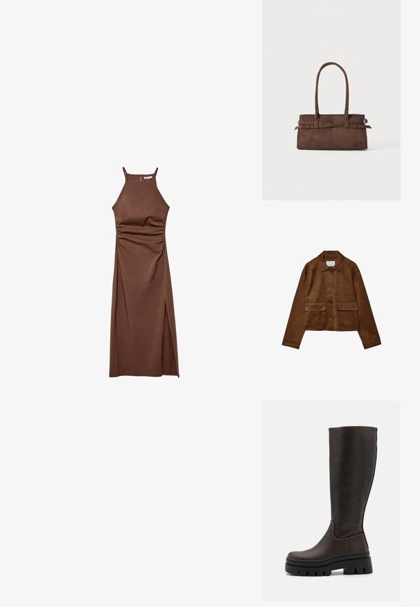 Hnedá semišová bunda s golierom, predným zapínaním na gombíky a dvoma vreckami na prsiach. Má dlhé rukávy a skrátenú dĺžku.; Stradivarius HALTER - Šaty do práce - dark brown; Hnedé kožené čižmy po kolená s robustnou čiernou platformou a minimálnymi švovými detailmi. Elegantný dizajn s hladkou textúrou.; Hnedá semišová kabelka s dvoma robustnými rúčkami, obdlžníkovým tvarom a dekoratívnym pásom na prednej strane.