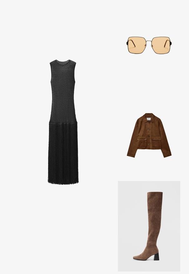 Giacca in suede marrone con design a colletto, chiusura frontale con bottoni e due tasche sul petto. Presenta maniche lunghe e un lunghezza corta.; Abito nero a maglia con design senza maniche, caratterizzato da un corpetto testurizzato e frange lunghe all'orlo. Il materiale sembra leggero e flessibile.; Stivali marroni sopra il ginocchio in morbido camoscio, con punta affusolata e tacco grosso nero. Il design presenta cuciture senza soluzione di continuità per un aspetto elegante.; Occhiali da sole quadrati con lenti marroni e una sottile montatura in metallo nero. Presentano tempie angolari e naselli regolabili per il massimo comfort.