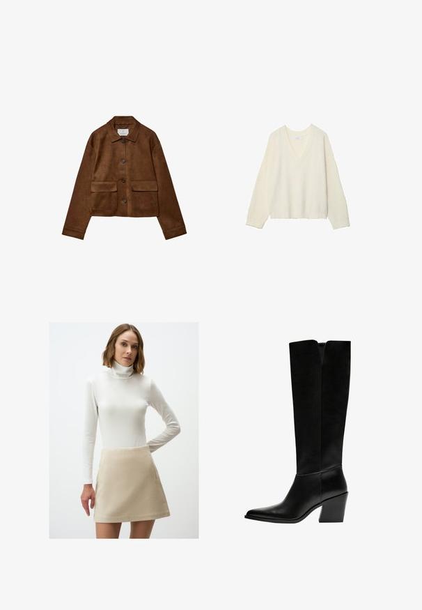 Bruine suède jas met een kraagontwerp, sluiting met knopen aan de voorkant en twee borstzakken. Heeft lange mouwen en een cropped lengte.; Crèmekleurige V-hals trui met ribbelstructuur, losse pasvorm en lange mouwen. Zacht materiaal, verkorte lengte, met een subtiel gebreid patroon.; Beige uitlopende rok van zacht materiaal met een gladde textuur en zijzak, gecombineerd met een aansluitend wit longsleeve coltrui.; Zwarte laarzen tot de knie van soepel leer, met een puntige neus, een blokhak en een V-vormige uitsparing aan de bovenkant.