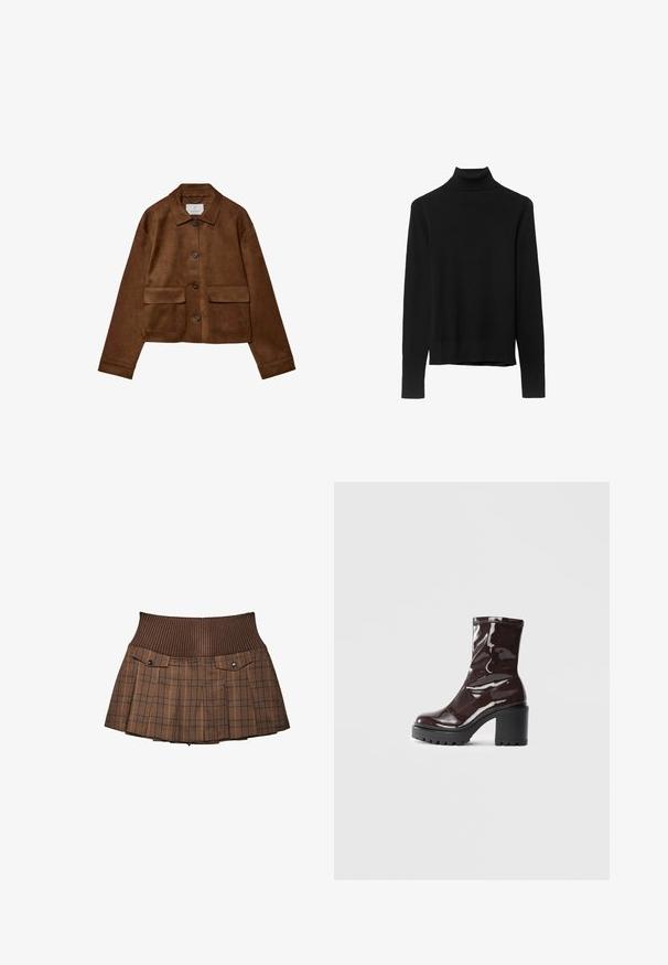 Giacca in suede marrone con design a colletto, chiusura frontale con bottoni e due tasche sul petto. Presenta maniche lunghe e un lunghezza corta.; Maglione a collo alto di colore nero realizzato in morbido tessuto a maglia. Presenta maniche lunghe e un design aderente con orlo diritto.; Gonna a quadri marroni con vita a coste, presenta due tasche frontali con bottoni a pressione, design plissettato e una finitura sartoriale.; Stivale alla caviglia bordeaux lucido con un tacco spesso nero, caratterizzato da una superficie liscia e un design semplice. Nessuna chiusura visibile o motivo.