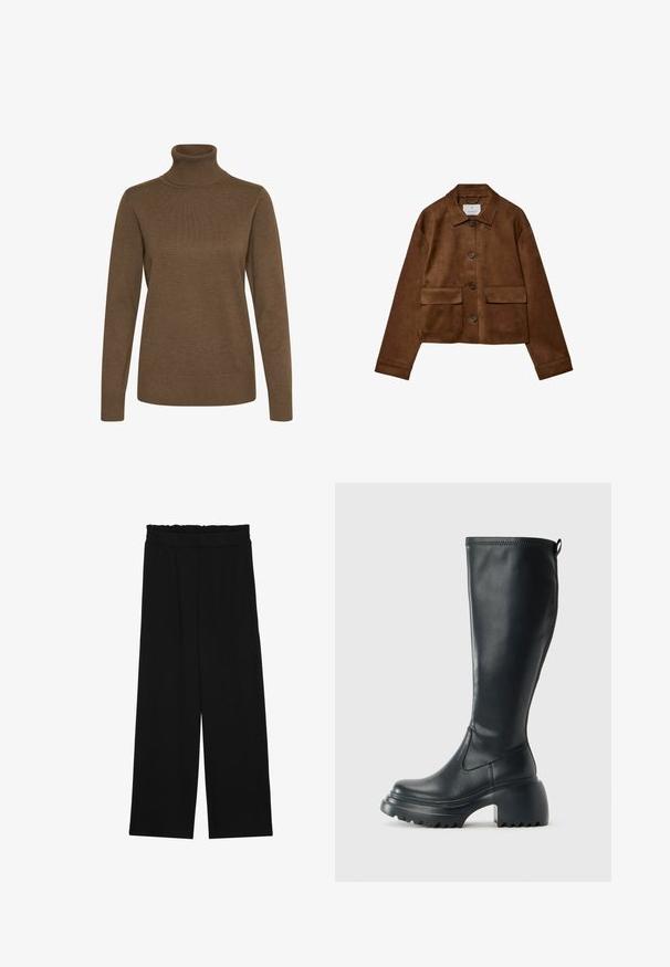 Rjava nubuk jakna s ovratnikom, sprednjim gumbom in dvema žepoma na prsih. Ima dolge rokave in skrajšano dolžino.; Rjav pulover s turtleneck ovratnikom, izdelan iz mehkega, teksturiranega pletenega materiala. Ima dolge rokave in prilega se telesu, z rebrastim okvirom in manšetami.; Črne široke hlače s nabranim pasom, ki imajo dva stranska žepa in so izdelane iz gladkega, lahkega blaga. Brez vidnih vzorcev ali kovinskega okova.; Visoka črna usnjena škornja s debelim podplatnim solejem in blok peto, opremljena s potegom in strukturiranim profilom na podplatu.