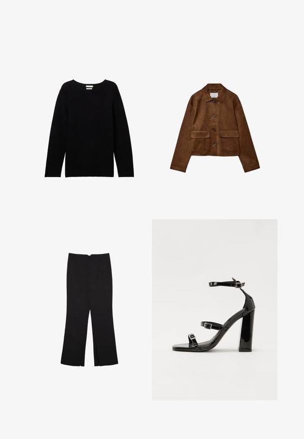 Giacca in suede marrone con design a colletto, chiusura frontale con bottoni e due tasche sul petto. Presenta maniche lunghe e un lunghezza corta.; Maglione nero a maniche lunghe in tessuto a costine, con scOLLatura rotonda e spalle scese, caratterizzato da una vestibilità morbida e senza decorazioni visibili.; Pantaloni neri a gamba dritta, con tasche frontali e spacchi laterali all'orlo. Realizzati in tessuto morbido e liscio. Adatti a diverse occasioni.; Sandali con tacco in vernice nera, con punta squadrata, cinturini alla caviglia e fibbie in argento. Presentano un tacco a blocco spesso per maggiore stabilità.