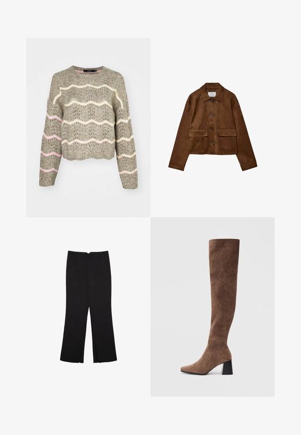 Giacca in suede marrone con design a colletto, chiusura frontale con bottoni e due tasche sul petto. Presenta maniche lunghe e un lunghezza corta.; Maglione corto lavorato a maglia in grigio tenue con motivi ondulati rosa e crema, caratterizzato da un collo rotondo e maniche lunghe. Design del tessuto ritorto.; Pantaloni neri a gamba dritta, con tasche frontali e spacchi laterali all'orlo. Realizzati in tessuto morbido e liscio. Adatti a diverse occasioni.; Stivali marroni sopra il ginocchio in morbido camoscio, con punta affusolata e tacco grosso nero. Il design presenta cuciture senza soluzione di continuità per un aspetto elegante.