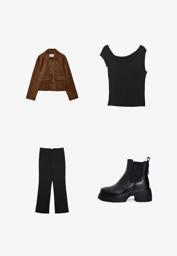 Ruskea nubukkitakki, jossa on kauluksellinen muotoilu, edessä nappisuljenta ja kaksi rinta-taskua. Takissa on pitkät hihat ja se on lyhyt.; Musta lyhythihainen paita, joka on valmistettu sileästä kankaasta; siinä on laskeutuva kaula-aukko ja epäsymmetrinen helma, sekä istuva malli.; Mustat housut suoralinjaisella leikkauksella, joissa on etutaskut ja sivurei'ät helman alla. Valmistettu pehmeästä ja sileästä kankaasta. Sopii eri tilaisuuksiin.; Mustat nahka nilkkurit, joissa on elastiset sivupaneelit, pyöreä varvas, tukeva pintakuvioitu korko ja vetoketju takana helppoa pukemista varten.