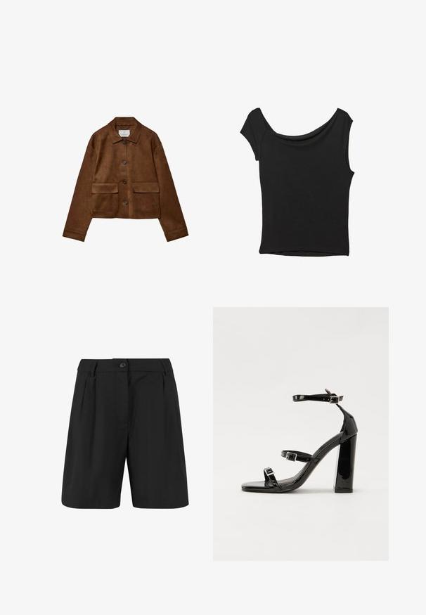 Ruskea nubukkitakki, jossa on kauluksellinen muotoilu, edessä nappisuljenta ja kaksi rinta-taskua. Takissa on pitkät hihat ja se on lyhyt.; Musta lyhythihainen paita, joka on valmistettu sileästä kankaasta; siinä on laskeutuva kaula-aukko ja epäsymmetrinen helma, sekä istuva malli.; Mustat shortsit, joissa on räätälöity muotoilu, etupuolella laskokset, tasainen etuosa ja yksi nappisulku. Sileä kangas.; Musta kiiltävä korkokenkä sandaalit neliönmuotoisella varpaalla, nilkkaremmillä ja hopeisilla soljilla. Varustettu tukevalla lohkokorkealla vakauden takaamiseksi.