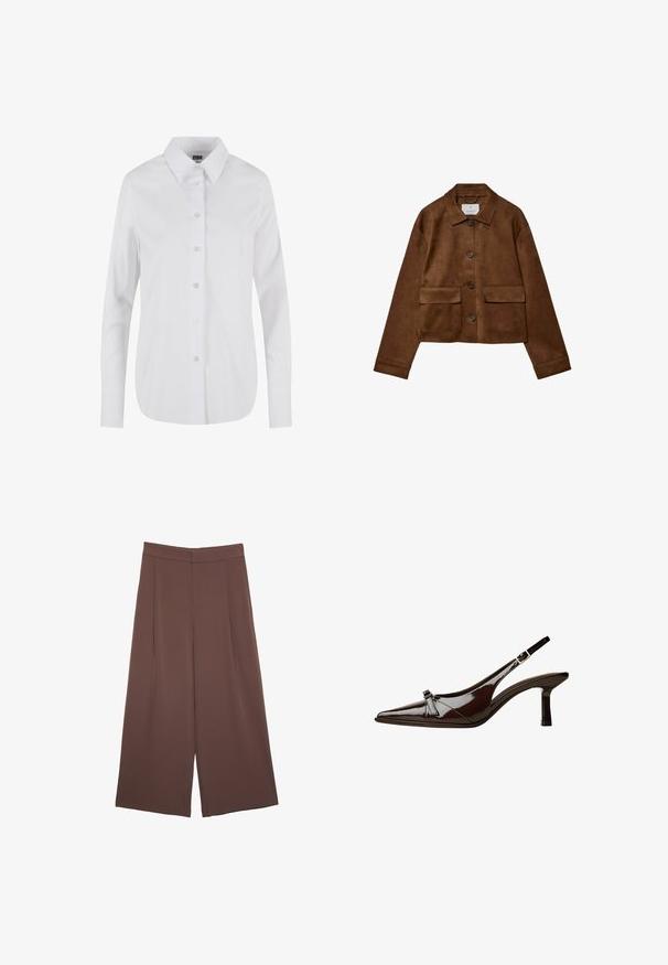 Brown suede jacket with a collared design, front button closure, and two chest pockets. Features long sleeves and a cropped length.; White long-sleeve button-up shirt featuring a classic collar, smooth texture, and six front buttons. Tailored fit with a curved hem.; Brown wide-leg trousers with a smooth texture, featuring a high waist and front pleats. The fabric is lightweight and flows loosely.; Brown patent leather slingback shoe with pointed toe, low heel, and a decorative bow accent on the front. Smooth, shiny texture.