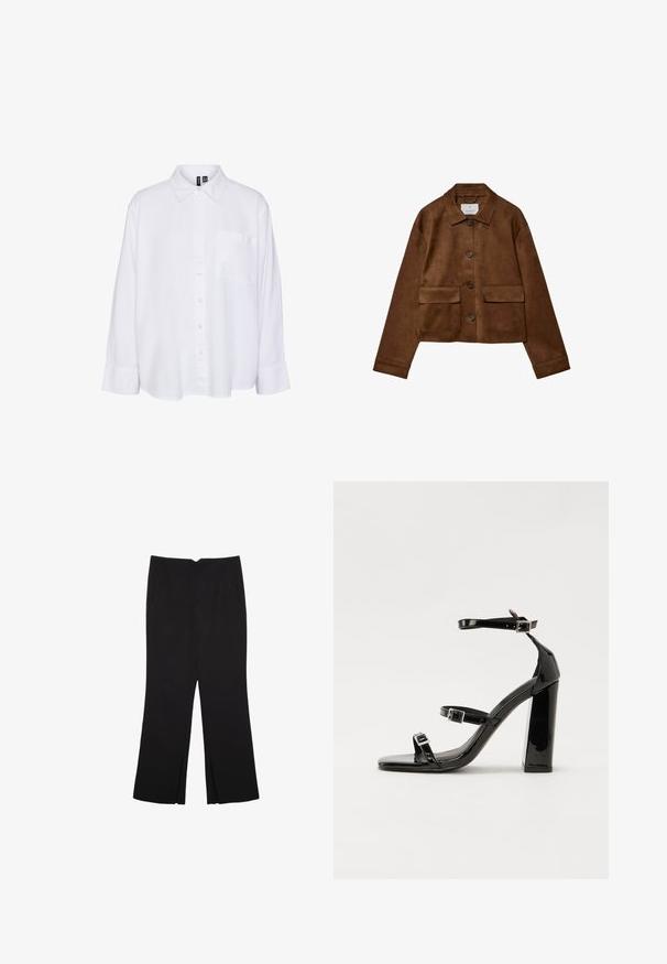 Hnědá sukně s límečkem, předním zapínáním na knoflíky a dvěma náprsními kapsami. Vlastnosti zahrnují dlouhé rukávy a zkrácenou délku.; Bílá košile s dlouhým rukávem, límečkem, knoflíkovým zapínáním vpředu, jednou náprsní kapsou, volným střihem a jemnou texturou látky.; Černé kalhoty s rovným střihem, s předními kapsami a bočními rozparky na lemu. Vyrobené z jemné, hladké tkaniny. Vhodné na různé příležitosti.; Černé lakované sandály na podpatku se čtveratou špičkou, lýtkovými pásky a stříbrnými přezkami. Disponují masivním blokovým podpatkem pro stabilitu.
