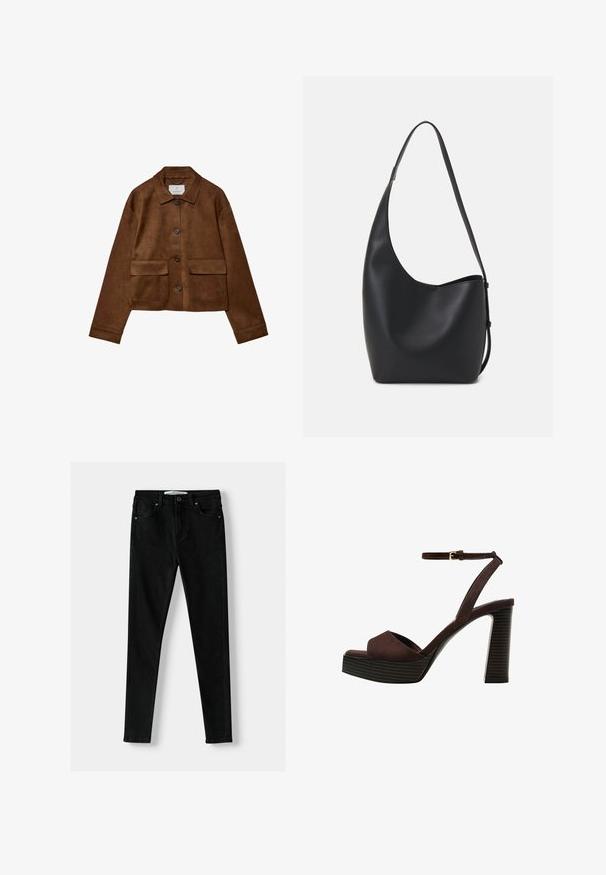 Hnědá sukně s límečkem, předním zapínáním na knoflíky a dvěma náprsními kapsami. Vlastnosti zahrnují dlouhé rukávy a zkrácenou délku.; Tmavě šedý top s krátkým rukávem a lodičkovým výstřihem. Vyrobený z ribovaného materiálu, s volnějším střihem a čistým lemem. Jednoduchý design, bez vzorů.; Černé slim-fit džíny vyrobené z denimu, s klasickým pětipocket designem, zipovým zapínáním a kovovým knoflíkem. Hladká textura po celé ploše.; Hnědé semišové sandály na vysokém podpatku s otevřenou špičkou, nastavitelným páskem kolem kotníku a proužkovou platformou.; Černá kožená hobo taška s hladkým povrchem, zakřiveným tvarem a jedním nastavitelným popruhem; má široké otevírání nahoře.