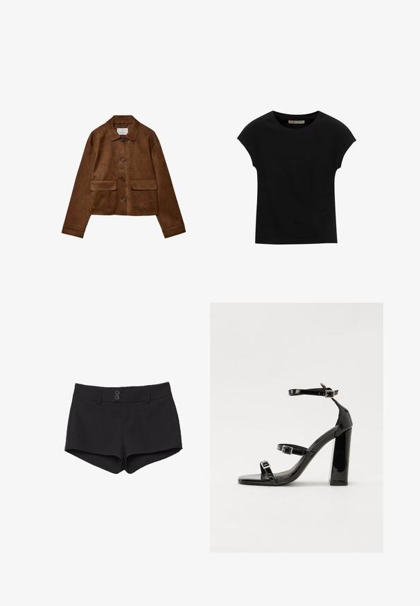 Hnědá sukně s límečkem, předním zapínáním na knoflíky a dvěma náprsními kapsami. Vlastnosti zahrnují dlouhé rukávy a zkrácenou délku.; Černé tričko s krátkým rukávem vyrobené z měkké tkaniny, s kulatým výstřihem a volným střihem, s hladkým povrchem a bez vzorů.; Černé šortky vyrobené z látky s hladkým povrchem. Mají pas, dvě přední kapsy a dva černé knoflíky na uzavření vepředu.; Černé lakované sandály na podpatku se čtveratou špičkou, lýtkovými pásky a stříbrnými přezkami. Disponují masivním blokovým podpatkem pro stabilitu.