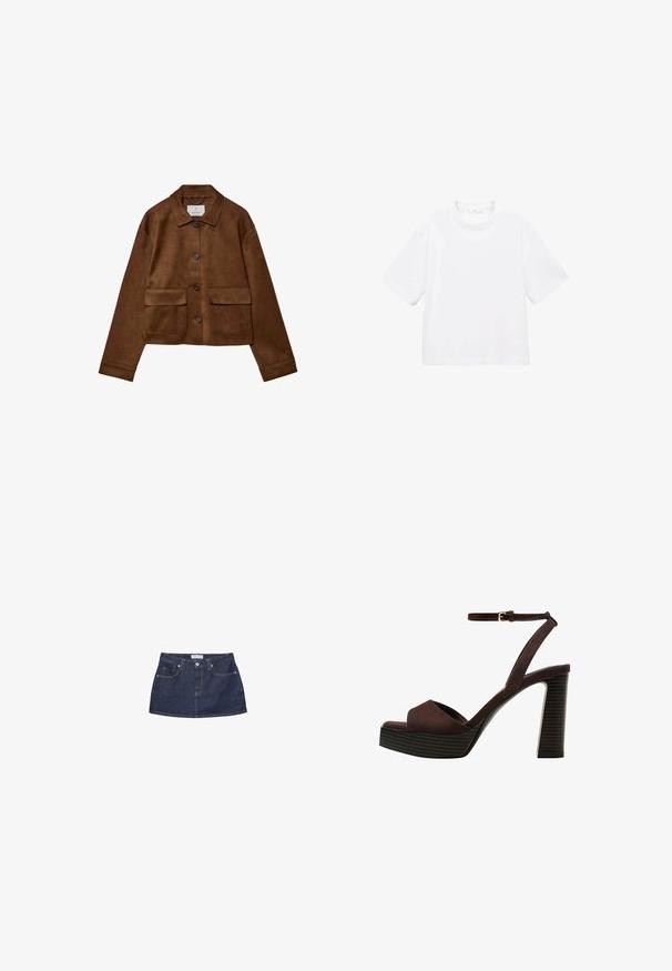 Bruine suède jas met een kraagontwerp, sluiting met knopen aan de voorkant en twee borstzakken. Heeft lange mouwen en een cropped lengte.; Witte katoenen t-shirt met korte mouwen en een ronde hals. Eenvoudig ontwerp, losse pasvorm, gladde textuur. Geen patronen of accenten zichtbaar.; Donkerblauwe denim minirok met een aansluitende taille, voorzakken en een metalen knoopsluiting. Gladde textuur en klassieke snit.; Bruine suède high-heeled sandaal met een open teen, verstelbare enkelband en een gestreepte plateauzool.